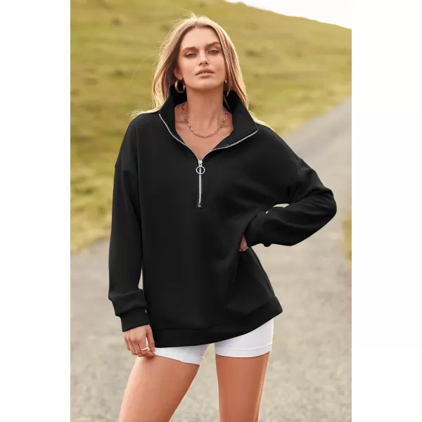 imagePRETTYGARDEN Womens Causal 14 Zip Pullover Long Sleeve Collar Sweatshirts Solid Activewear Running JacketBlack