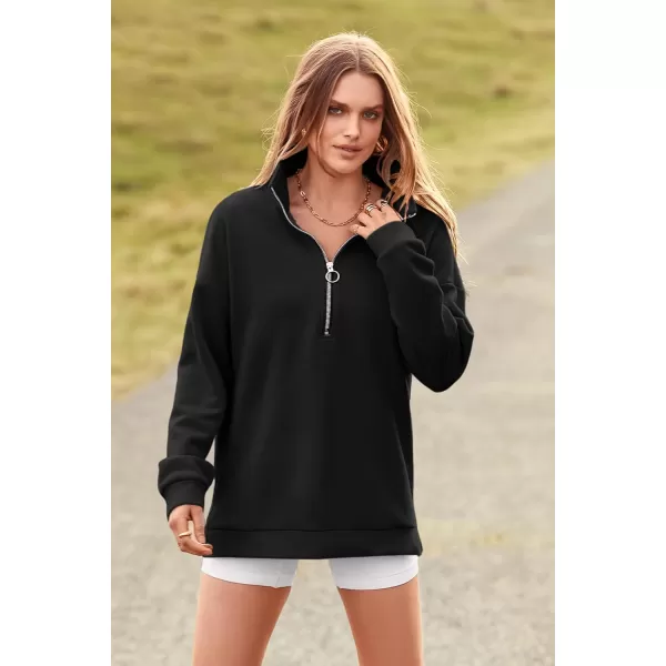 imagePRETTYGARDEN Womens Causal 14 Zip Pullover Long Sleeve Collar Sweatshirts Solid Activewear Running JacketBlack