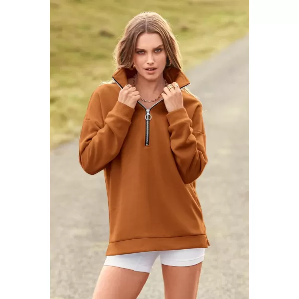imagePRETTYGARDEN Womens Causal 14 Zip Pullover Long Sleeve Collar Sweatshirts Solid Activewear Running JacketBrown