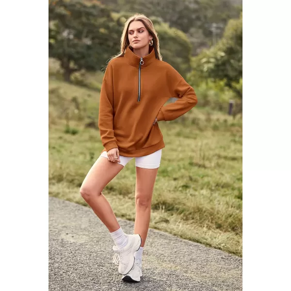 imagePRETTYGARDEN Womens Causal 14 Zip Pullover Long Sleeve Collar Sweatshirts Solid Activewear Running JacketBrown