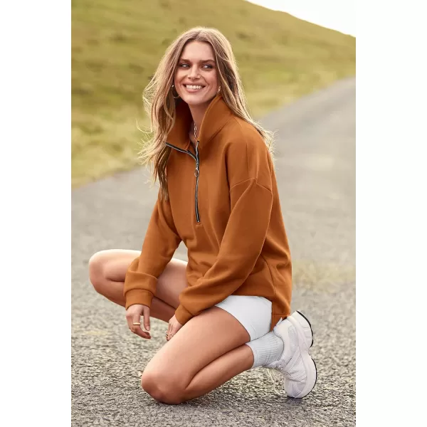 imagePRETTYGARDEN Womens Causal 14 Zip Pullover Long Sleeve Collar Sweatshirts Solid Activewear Running JacketBrown