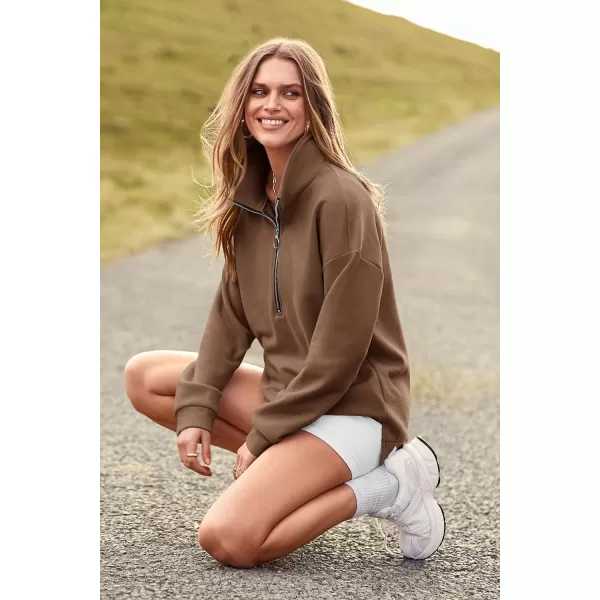 imagePRETTYGARDEN Womens Causal 14 Zip Pullover Long Sleeve Collar Sweatshirts Solid Activewear Running JacketCoffee