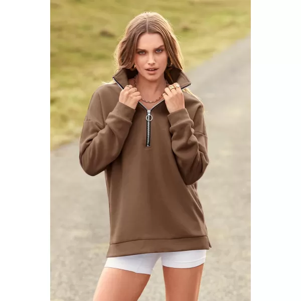 imagePRETTYGARDEN Womens Causal 14 Zip Pullover Long Sleeve Collar Sweatshirts Solid Activewear Running JacketCoffee