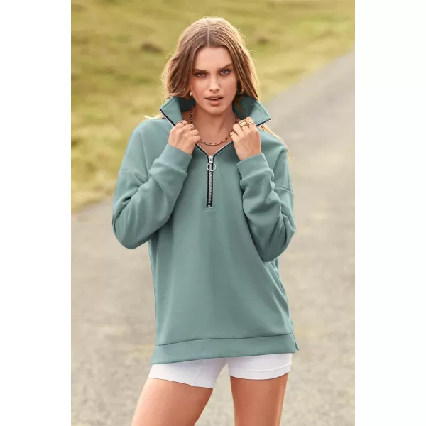 imagePRETTYGARDEN Womens Causal 14 Zip Pullover Long Sleeve Collar Sweatshirts Solid Activewear Running JacketGreen