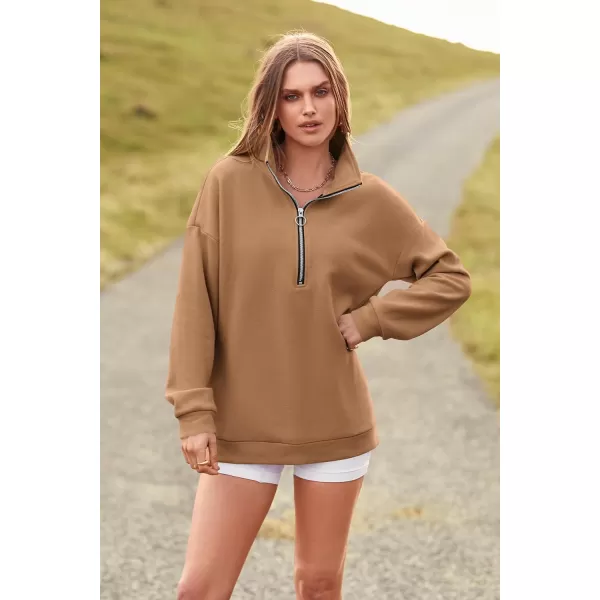imagePRETTYGARDEN Womens Causal 14 Zip Pullover Long Sleeve Collar Sweatshirts Solid Activewear Running JacketKhaki