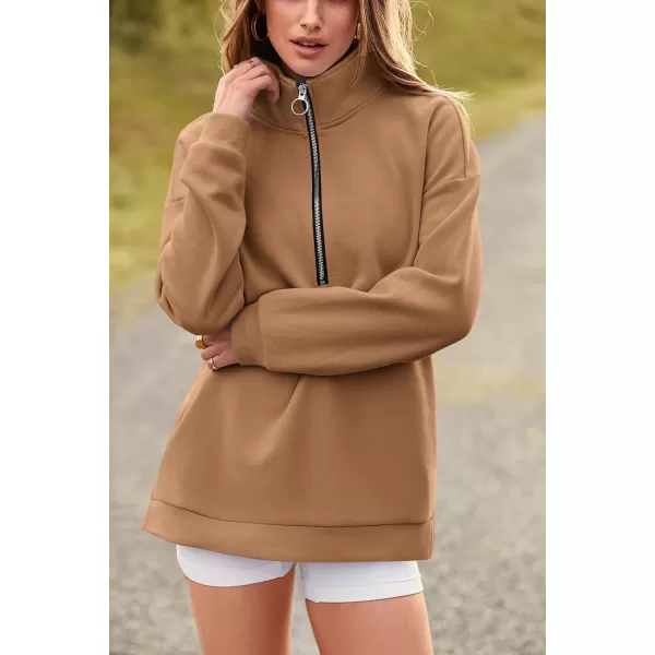 imagePRETTYGARDEN Womens Causal 14 Zip Pullover Long Sleeve Collar Sweatshirts Solid Activewear Running JacketKhaki