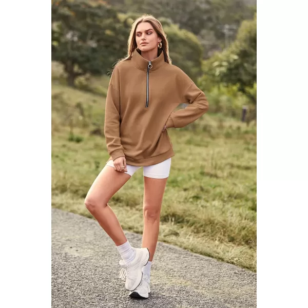 imagePRETTYGARDEN Womens Causal 14 Zip Pullover Long Sleeve Collar Sweatshirts Solid Activewear Running JacketKhaki