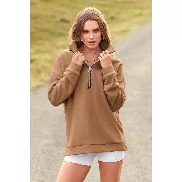 imagePRETTYGARDEN Womens Causal 14 Zip Pullover Long Sleeve Collar Sweatshirts Solid Activewear Running JacketKhaki