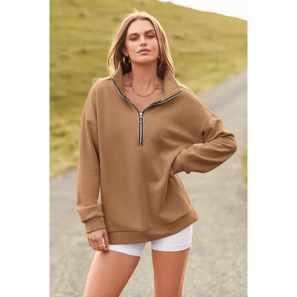 imagePRETTYGARDEN Womens Causal 14 Zip Pullover Long Sleeve Collar Sweatshirts Solid Activewear Running JacketKhaki