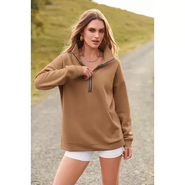 imagePRETTYGARDEN Womens Causal 14 Zip Pullover Long Sleeve Collar Sweatshirts Solid Activewear Running JacketKhaki