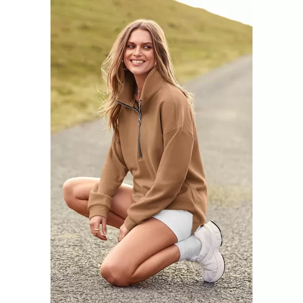 imagePRETTYGARDEN Womens Causal 14 Zip Pullover Long Sleeve Collar Sweatshirts Solid Activewear Running JacketKhaki