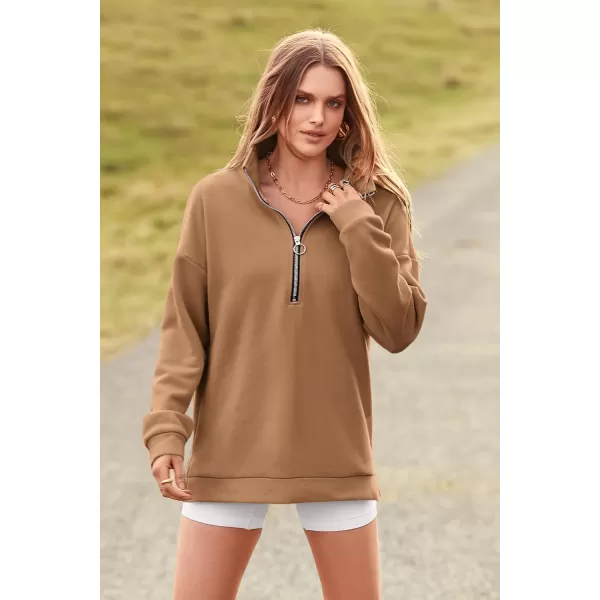 imagePRETTYGARDEN Womens Causal 14 Zip Pullover Long Sleeve Collar Sweatshirts Solid Activewear Running JacketKhaki