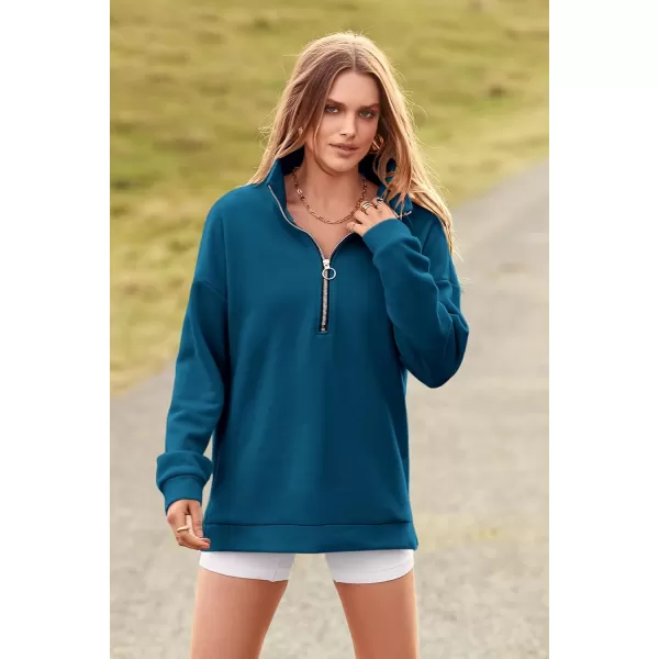 imagePRETTYGARDEN Womens Causal 14 Zip Pullover Long Sleeve Collar Sweatshirts Solid Activewear Running JacketLake Blue