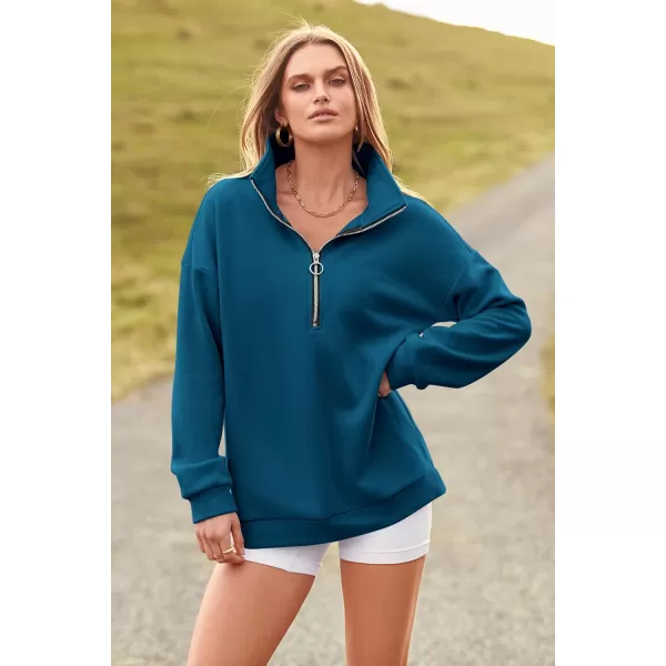 imagePRETTYGARDEN Womens Causal 14 Zip Pullover Long Sleeve Collar Sweatshirts Solid Activewear Running JacketLake Blue