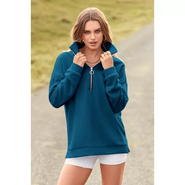 imagePRETTYGARDEN Womens Causal 14 Zip Pullover Long Sleeve Collar Sweatshirts Solid Activewear Running JacketLake Blue