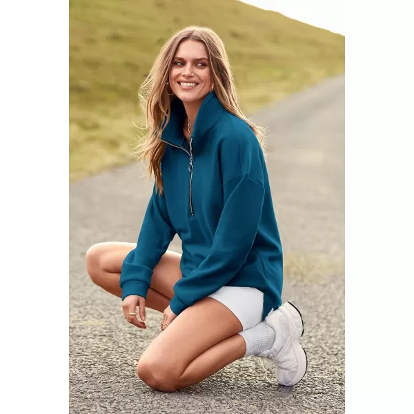 imagePRETTYGARDEN Womens Causal 14 Zip Pullover Long Sleeve Collar Sweatshirts Solid Activewear Running JacketLake Blue