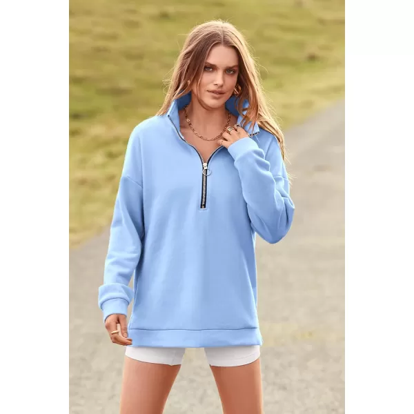 imagePRETTYGARDEN Womens Causal 14 Zip Pullover Long Sleeve Collar Sweatshirts Solid Activewear Running JacketLight Blue