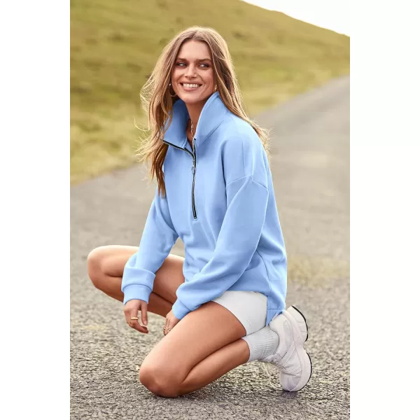 imagePRETTYGARDEN Womens Causal 14 Zip Pullover Long Sleeve Collar Sweatshirts Solid Activewear Running JacketLight Blue