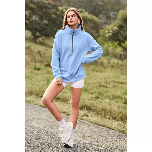 imagePRETTYGARDEN Womens Causal 14 Zip Pullover Long Sleeve Collar Sweatshirts Solid Activewear Running JacketLight Blue
