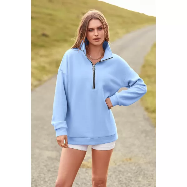 imagePRETTYGARDEN Womens Causal 14 Zip Pullover Long Sleeve Collar Sweatshirts Solid Activewear Running JacketLight Blue