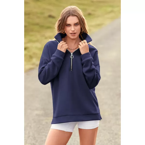 imagePRETTYGARDEN Womens Causal 14 Zip Pullover Long Sleeve Collar Sweatshirts Solid Activewear Running JacketNavy