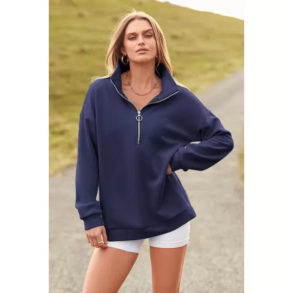 imagePRETTYGARDEN Womens Causal 14 Zip Pullover Long Sleeve Collar Sweatshirts Solid Activewear Running JacketNavy