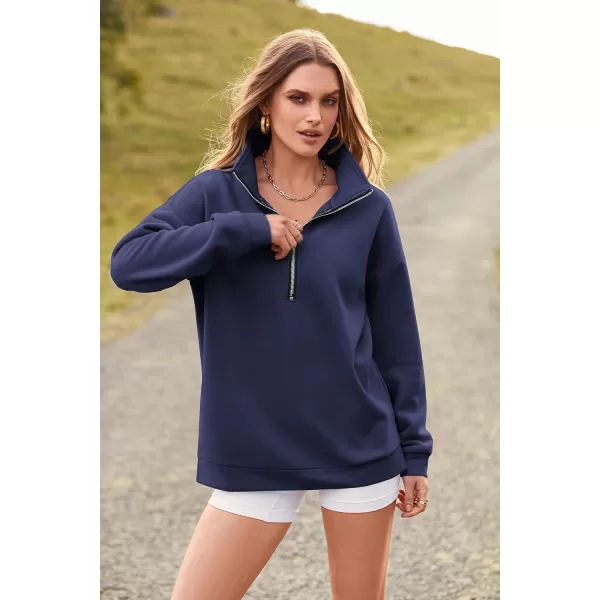 imagePRETTYGARDEN Womens Causal 14 Zip Pullover Long Sleeve Collar Sweatshirts Solid Activewear Running JacketNavy