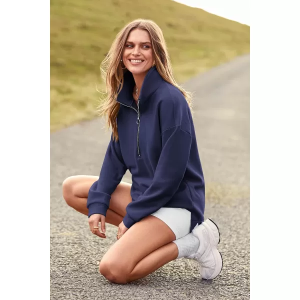 imagePRETTYGARDEN Womens Causal 14 Zip Pullover Long Sleeve Collar Sweatshirts Solid Activewear Running JacketNavy