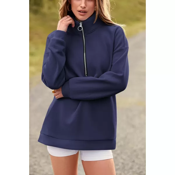 imagePRETTYGARDEN Womens Causal 14 Zip Pullover Long Sleeve Collar Sweatshirts Solid Activewear Running JacketNavy
