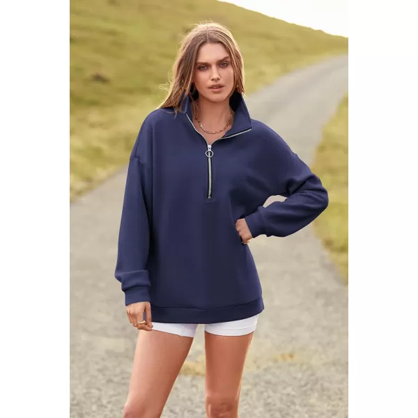 imagePRETTYGARDEN Womens Causal 14 Zip Pullover Long Sleeve Collar Sweatshirts Solid Activewear Running JacketNavy