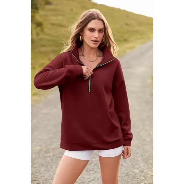 imagePRETTYGARDEN Womens Causal 14 Zip Pullover Long Sleeve Collar Sweatshirts Solid Activewear Running JacketWine Red
