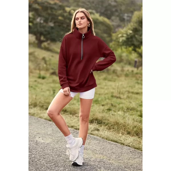 imagePRETTYGARDEN Womens Causal 14 Zip Pullover Long Sleeve Collar Sweatshirts Solid Activewear Running JacketWine Red