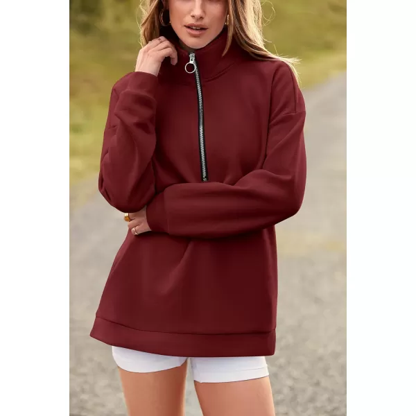 imagePRETTYGARDEN Womens Causal 14 Zip Pullover Long Sleeve Collar Sweatshirts Solid Activewear Running JacketWine Red