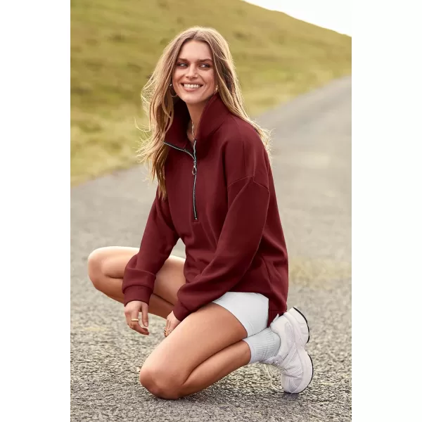 imagePRETTYGARDEN Womens Causal 14 Zip Pullover Long Sleeve Collar Sweatshirts Solid Activewear Running JacketWine Red