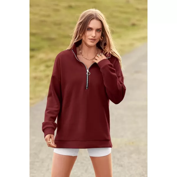 imagePRETTYGARDEN Womens Causal 14 Zip Pullover Long Sleeve Collar Sweatshirts Solid Activewear Running JacketWine Red