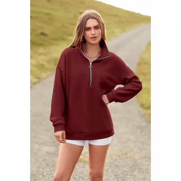 imagePRETTYGARDEN Womens Causal 14 Zip Pullover Long Sleeve Collar Sweatshirts Solid Activewear Running JacketWine Red