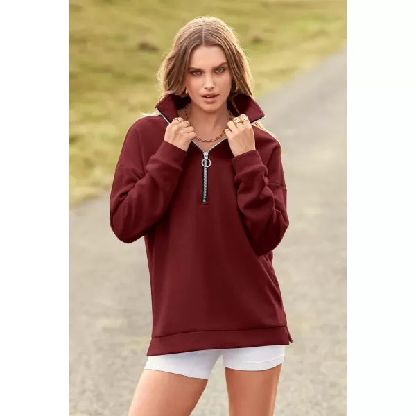 imagePRETTYGARDEN Womens Causal 14 Zip Pullover Long Sleeve Collar Sweatshirts Solid Activewear Running JacketWine Red