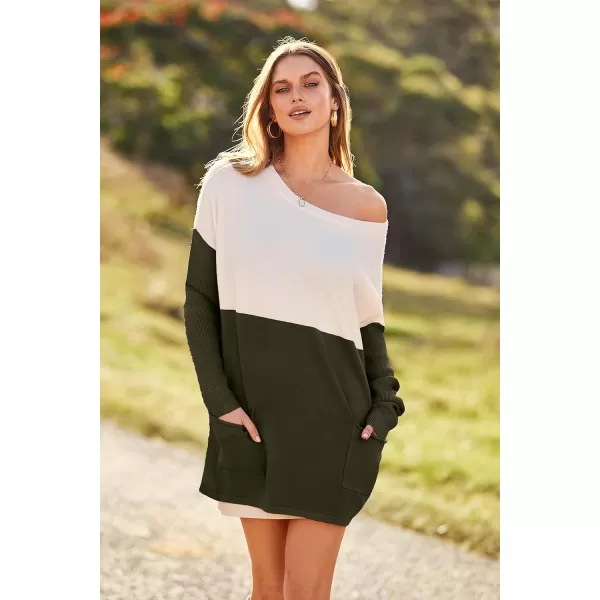 imagePRETTYGARDEN Womens Causal Loose Sweater Color Block Knit Pullover Off Shoulder Comfy Jumper TopsArmy Green