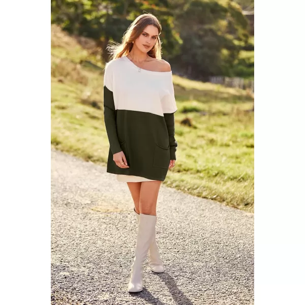 imagePRETTYGARDEN Womens Causal Loose Sweater Color Block Knit Pullover Off Shoulder Comfy Jumper TopsArmy Green