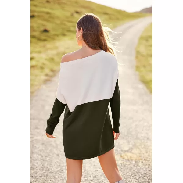 imagePRETTYGARDEN Womens Causal Loose Sweater Color Block Knit Pullover Off Shoulder Comfy Jumper TopsArmy Green