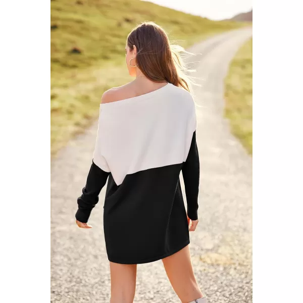 imagePRETTYGARDEN Womens Causal Loose Sweater Color Block Knit Pullover Off Shoulder Comfy Jumper TopsBlack
