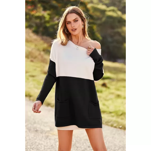 imagePRETTYGARDEN Womens Causal Loose Sweater Color Block Knit Pullover Off Shoulder Comfy Jumper TopsBlack