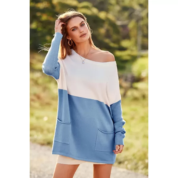 imagePRETTYGARDEN Womens Causal Loose Sweater Color Block Knit Pullover Off Shoulder Comfy Jumper TopsBlue