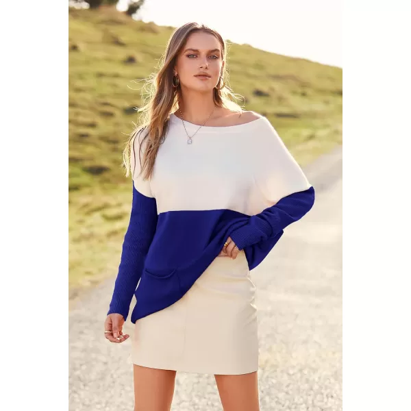 imagePRETTYGARDEN Womens Causal Loose Sweater Color Block Knit Pullover Off Shoulder Comfy Jumper TopsBrilliant Blue