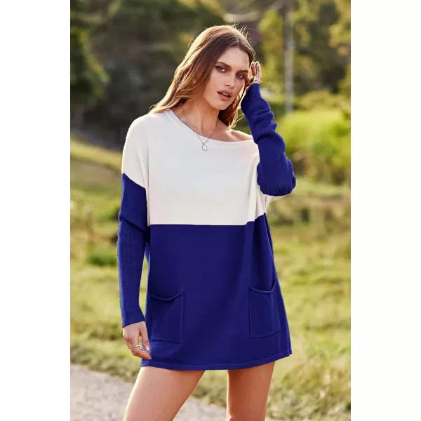 imagePRETTYGARDEN Womens Causal Loose Sweater Color Block Knit Pullover Off Shoulder Comfy Jumper TopsBrilliant Blue