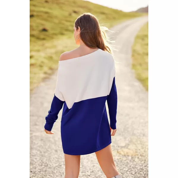 imagePRETTYGARDEN Womens Causal Loose Sweater Color Block Knit Pullover Off Shoulder Comfy Jumper TopsBrilliant Blue