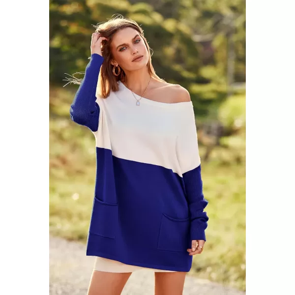 imagePRETTYGARDEN Womens Causal Loose Sweater Color Block Knit Pullover Off Shoulder Comfy Jumper TopsBrilliant Blue