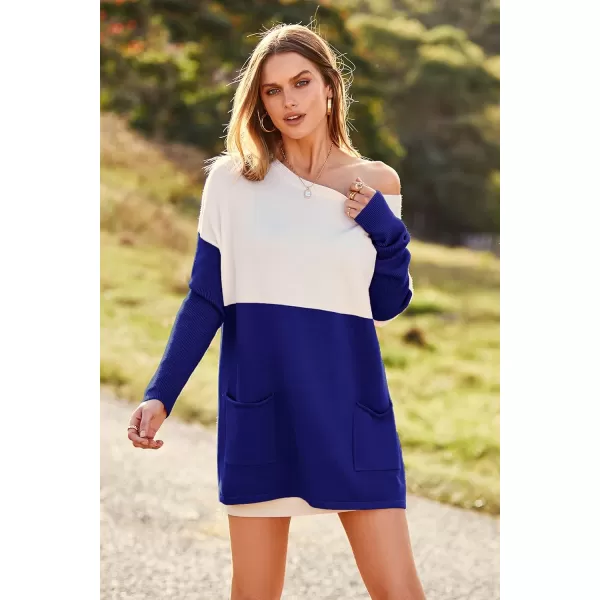 imagePRETTYGARDEN Womens Causal Loose Sweater Color Block Knit Pullover Off Shoulder Comfy Jumper TopsBrilliant Blue