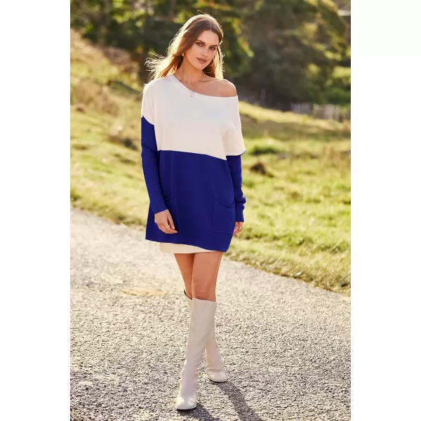 imagePRETTYGARDEN Womens Causal Loose Sweater Color Block Knit Pullover Off Shoulder Comfy Jumper TopsBrilliant Blue