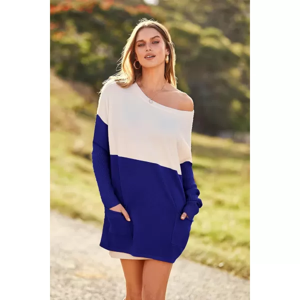 imagePRETTYGARDEN Womens Causal Loose Sweater Color Block Knit Pullover Off Shoulder Comfy Jumper TopsBrilliant Blue